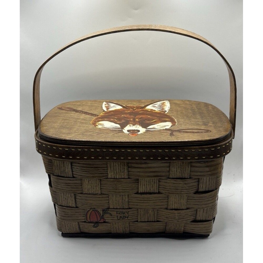 Vintage Basketville Woven Basket/Purse w/Wooden Lid, Fox Motif, Cloth Lining